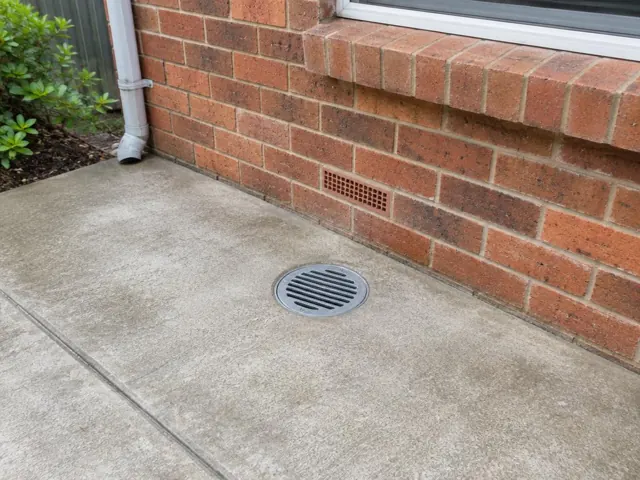 Concrete patio beside a brick wall with a round drain grate in place in Gymea