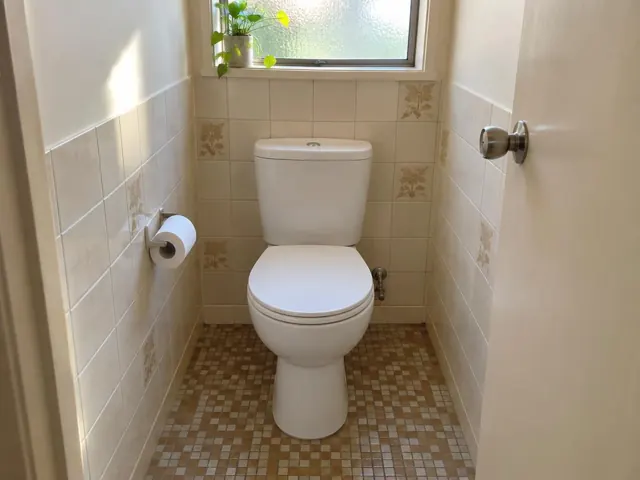 Clean white toilet in a tiled small bathroom with a window and mosaic floor in Caringbah
