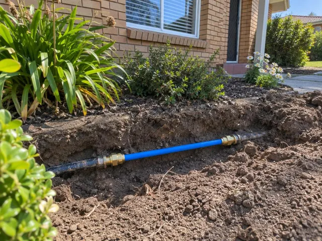 Exposed repaired water pipe in an open trench beside a brick house garden in Gymea